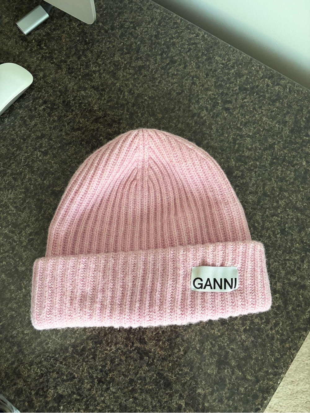 Ganni Light Pink Ribbed Folded Cuff Beanie